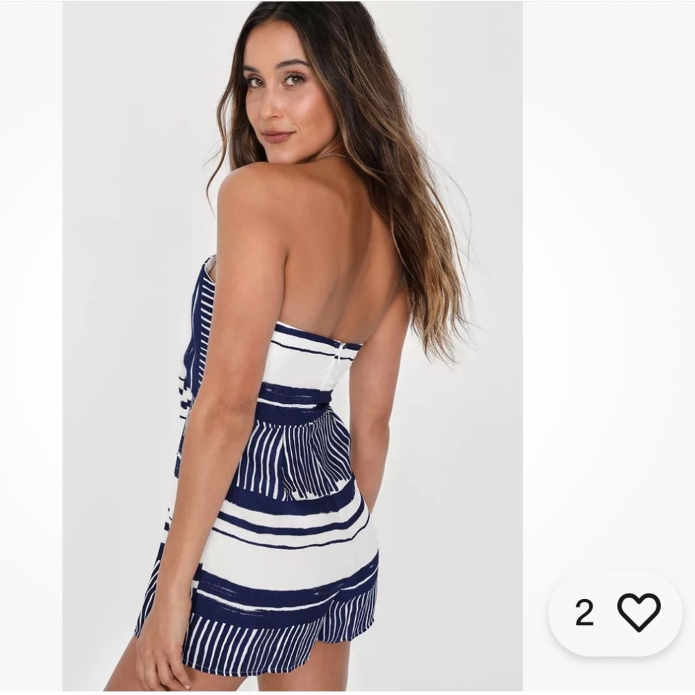 NWT Lulus Delphi Romper Playsuit Blue White Striped Tie Front Strapless Size L - Picture 4 of 9